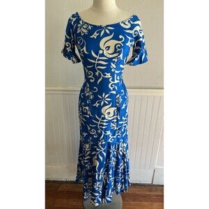 Vintage Paradise Hawaii Mermaid Dress Fitted Tiki Tropical Blue White M